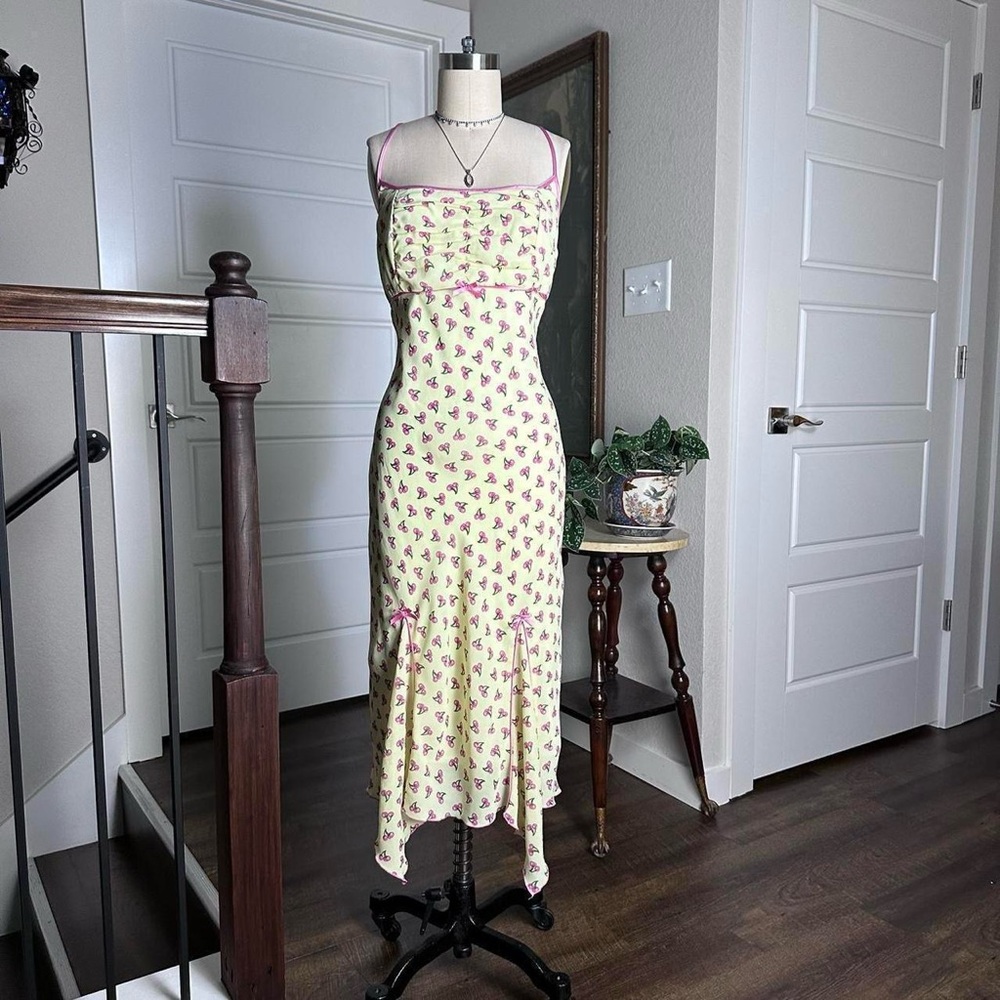 Vintage 2000s 90s pastel yellow pink cherry print special event cocktail dress